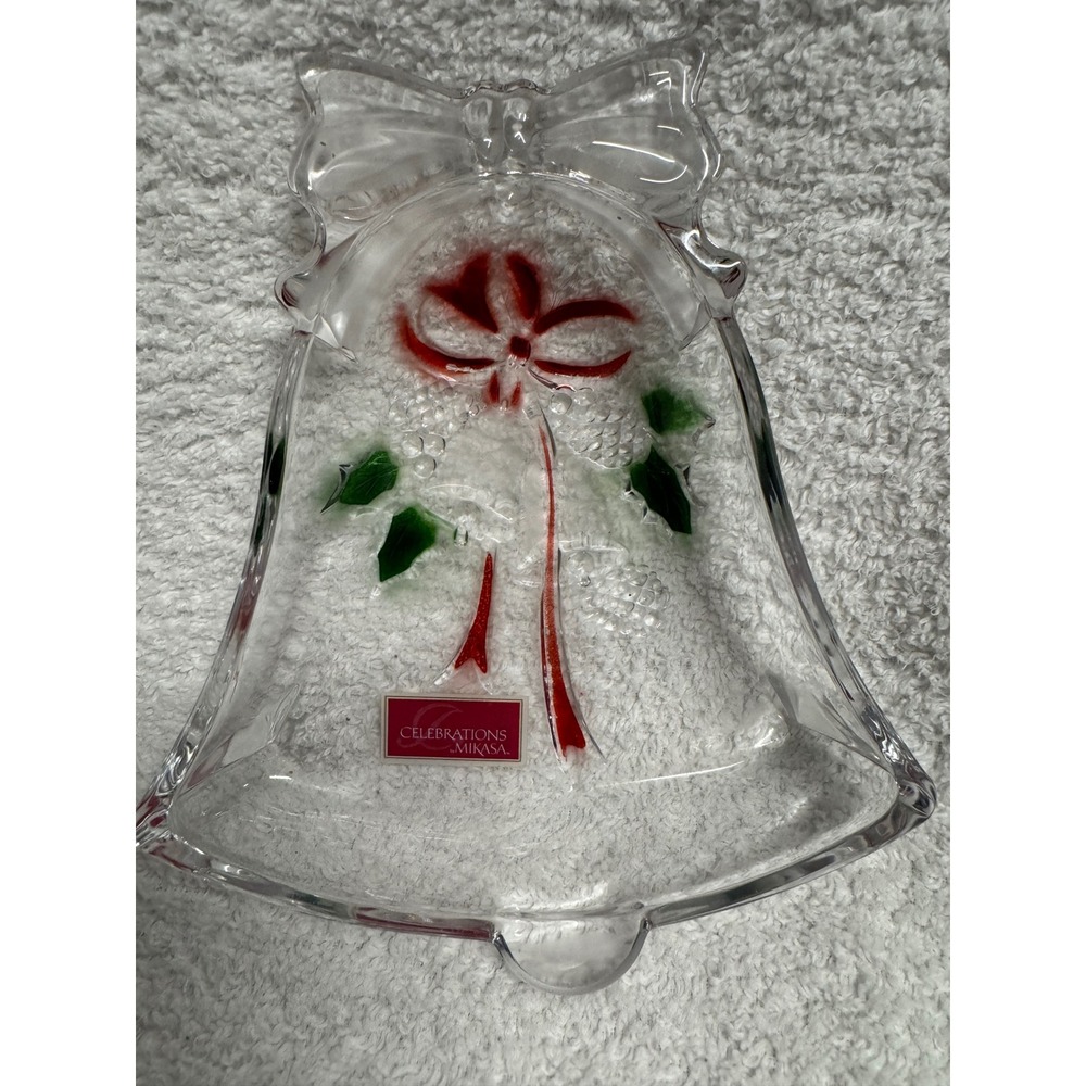 Mikasa Celebrations Holiday Bells Glass Dish WY558/502 Clear Red Green 6.75in